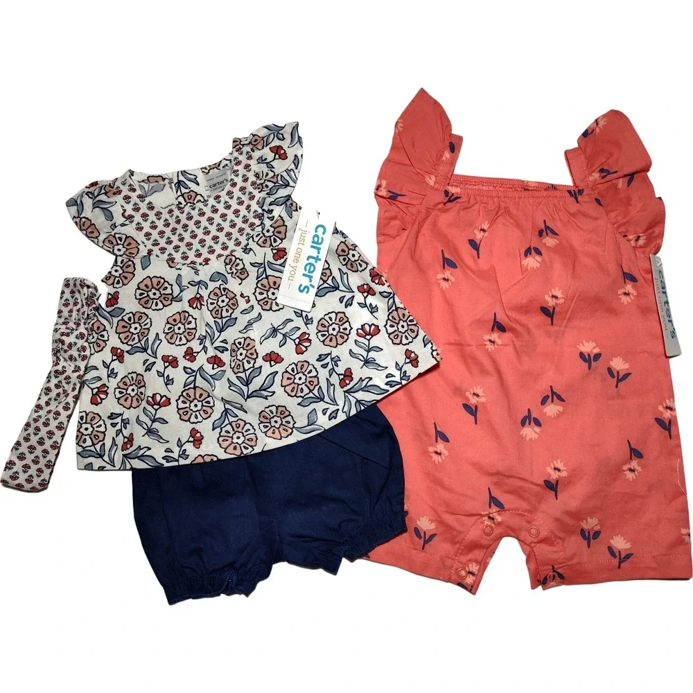 Carter's‎ 3 Mos Romper Outfit Lot Just One You Red Blue Set Headband Floral NWT
